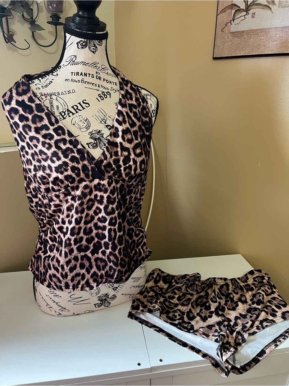 Leopard Print Satin Sleep Tank & Shorts Set - Brown
